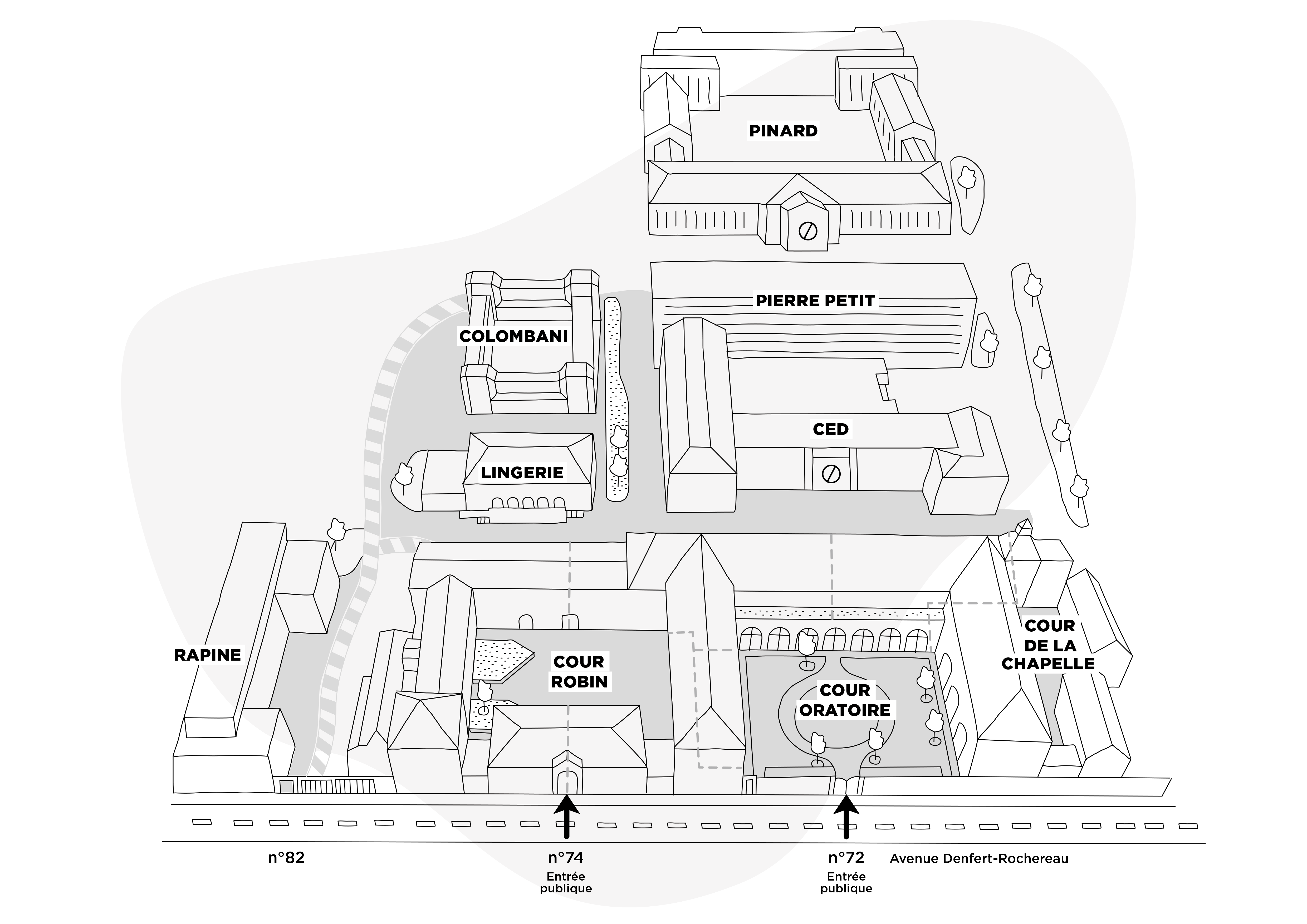 Plan général des bâtiments Plan général des bâtiments des Grands Voisins - crédit : Yes We Camp